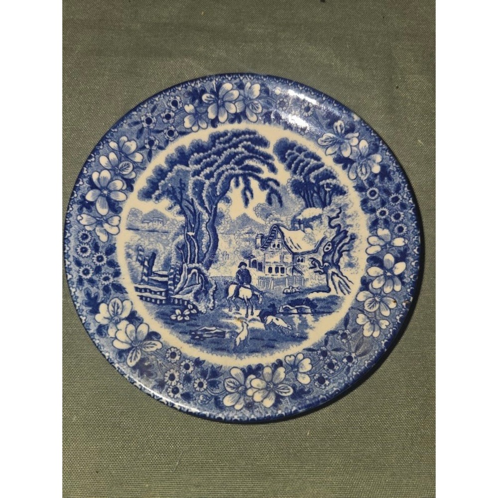 Vintage Blue and White Transferware Saucer Plate Made in Japan Rural Scene 6in
